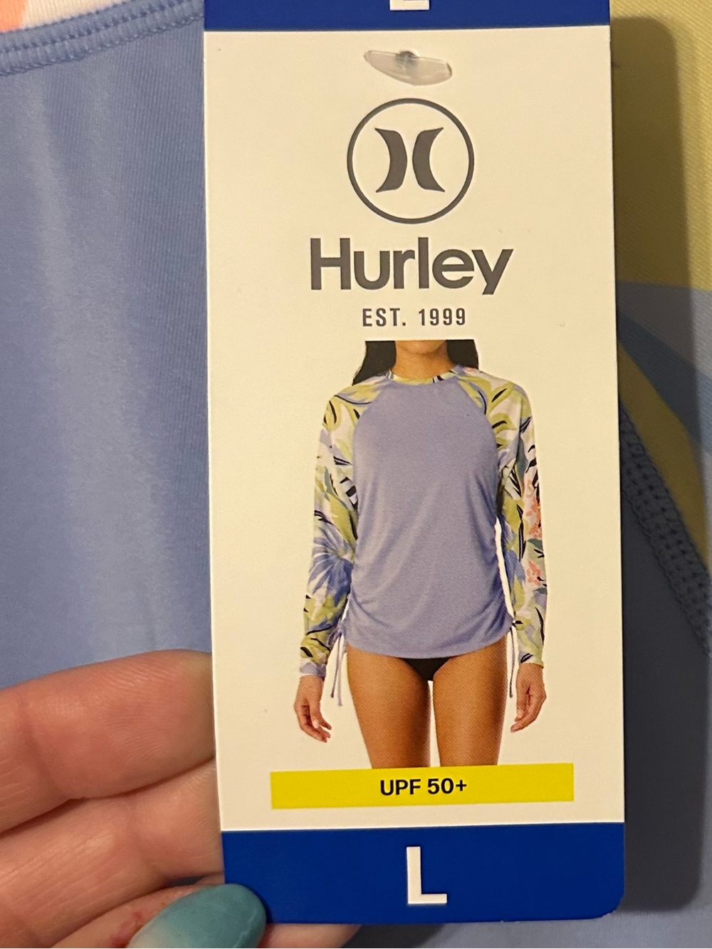 Hurley Blue and Floral Long Sleeve Rash Guard Swim Top Ruched Sides Size L - Picture 4 of 6